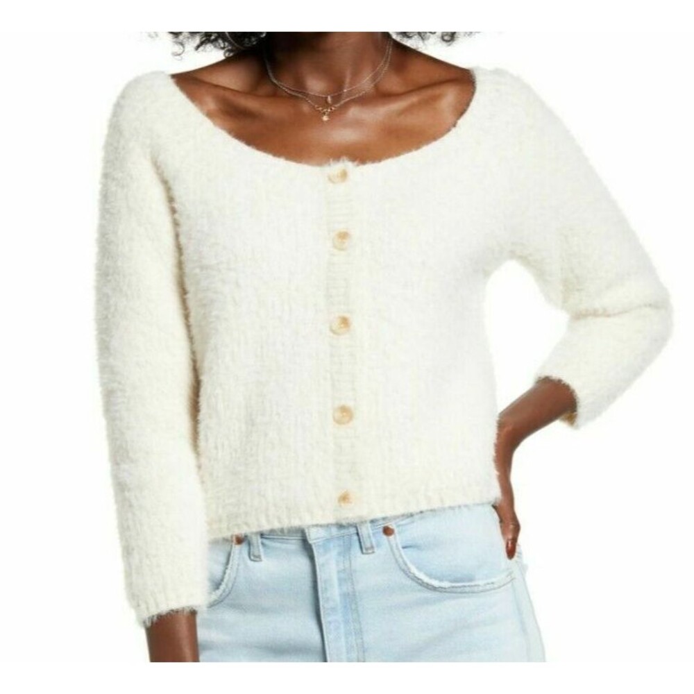 Cotton Emporium Women's Fuzzy Cropped Sweater w/Fake Buttons Size XS Ivory